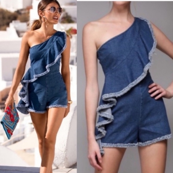 Alexis Blakely Romper Womens Large Chambray Denim Ruffle One Shoulder - Picture 3 of 15